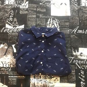 H&M Navy Button Up with White Glasses Pattern